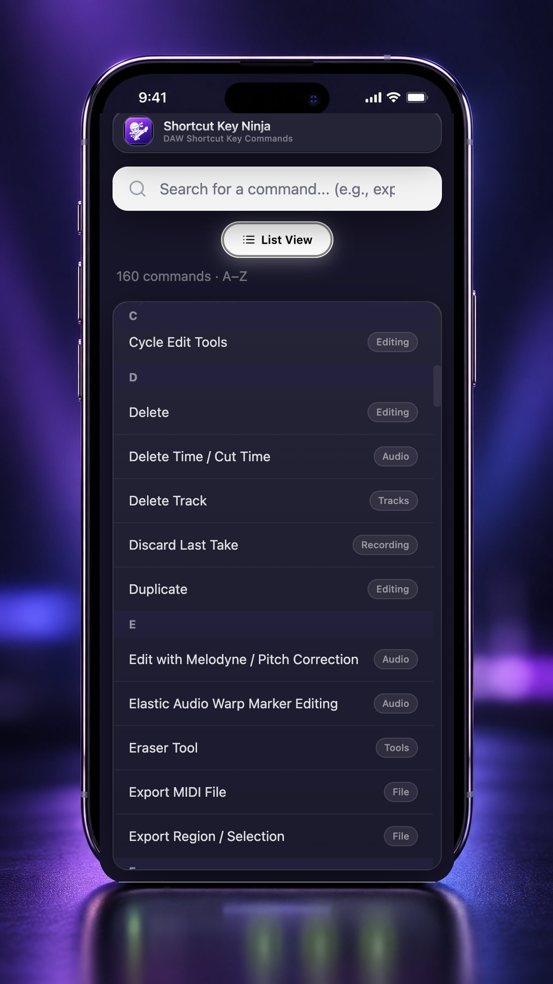 Shortcut Key Ninja List View screen shown on iPhone