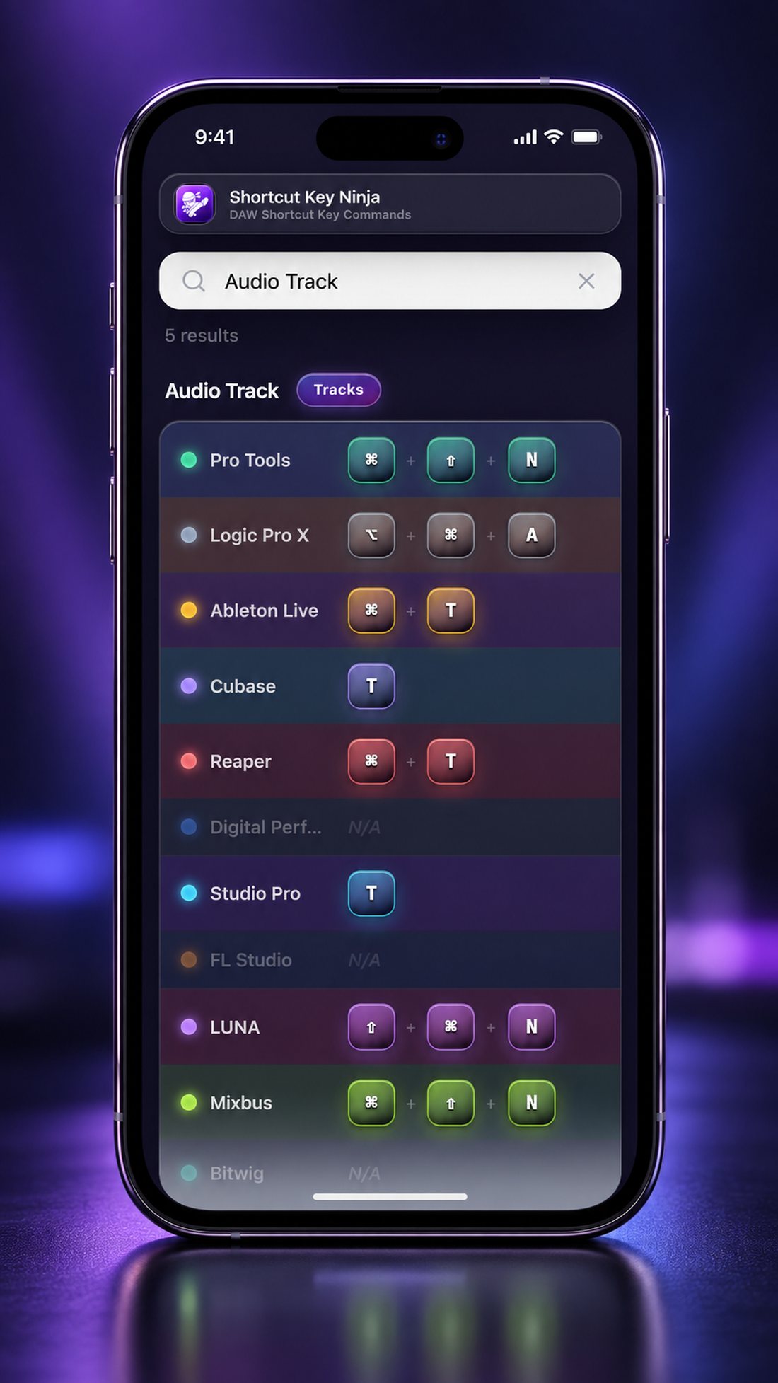 Shortcut Key Ninja search results for 'Audio Track' shown across all 12 DAWs on iPhone