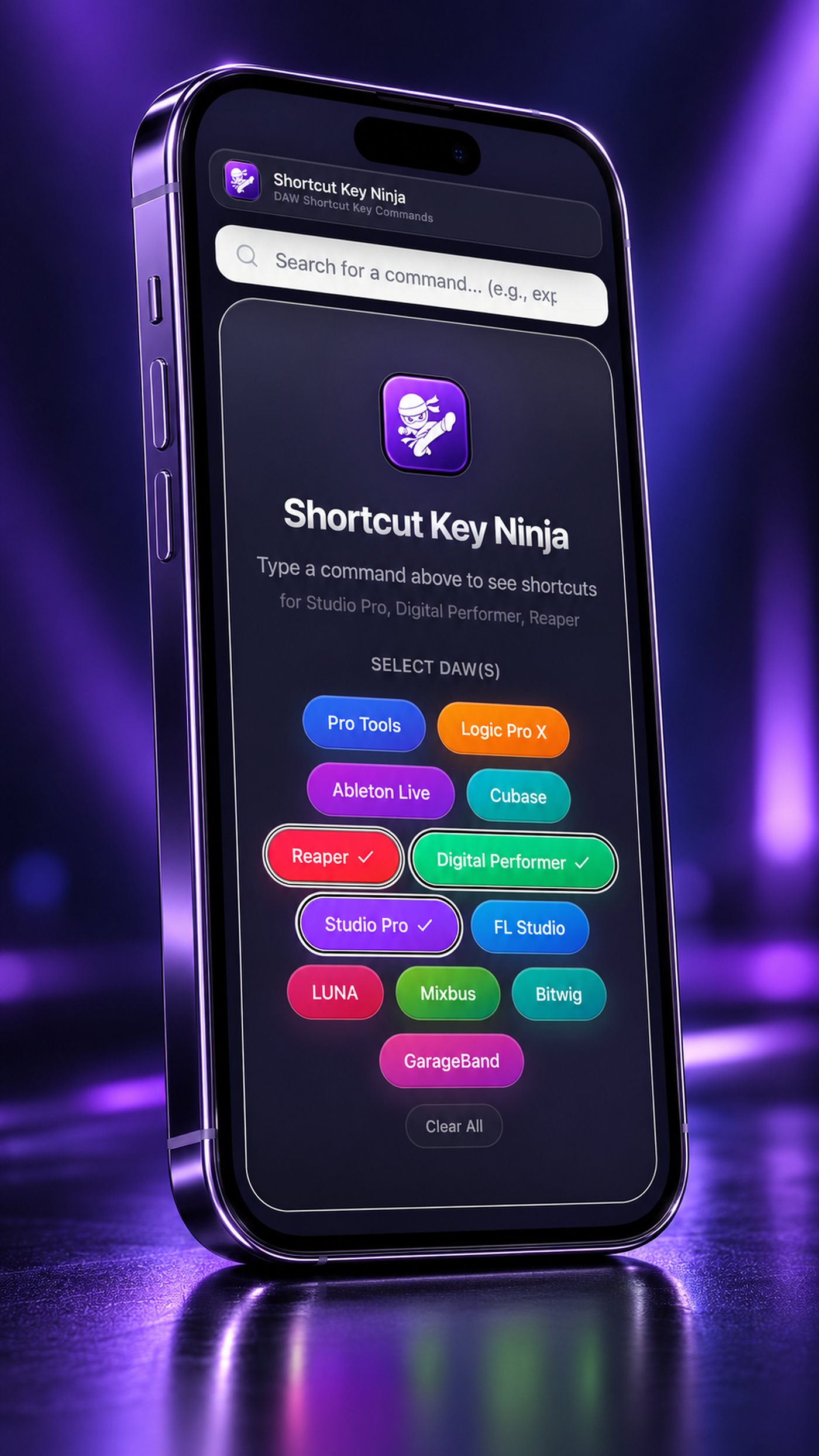 DAW selection screen, iPhone, angled studio shot