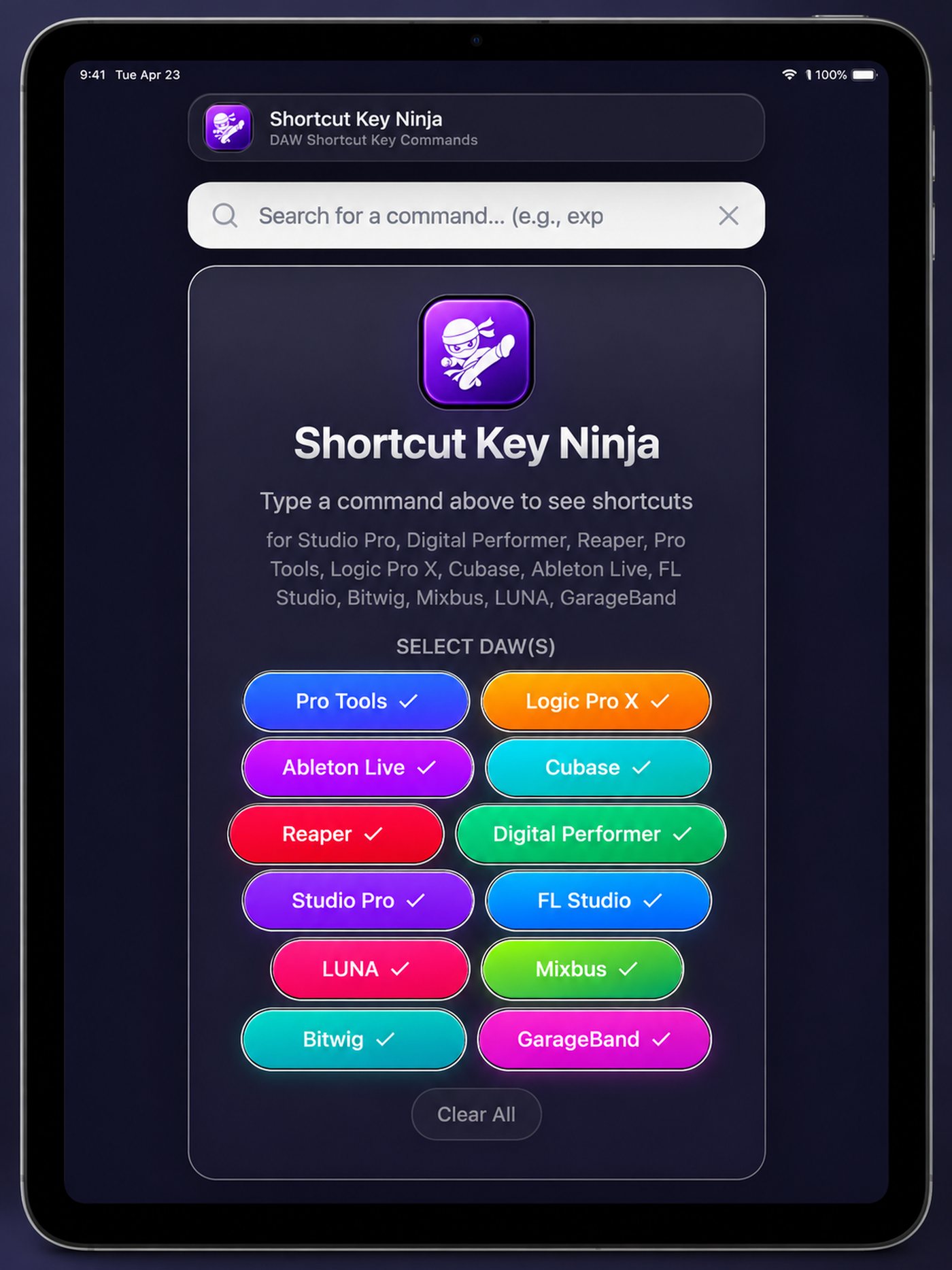 Shortcut Key Ninja DAW selection screen on iPad, with all 12 DAWs selected