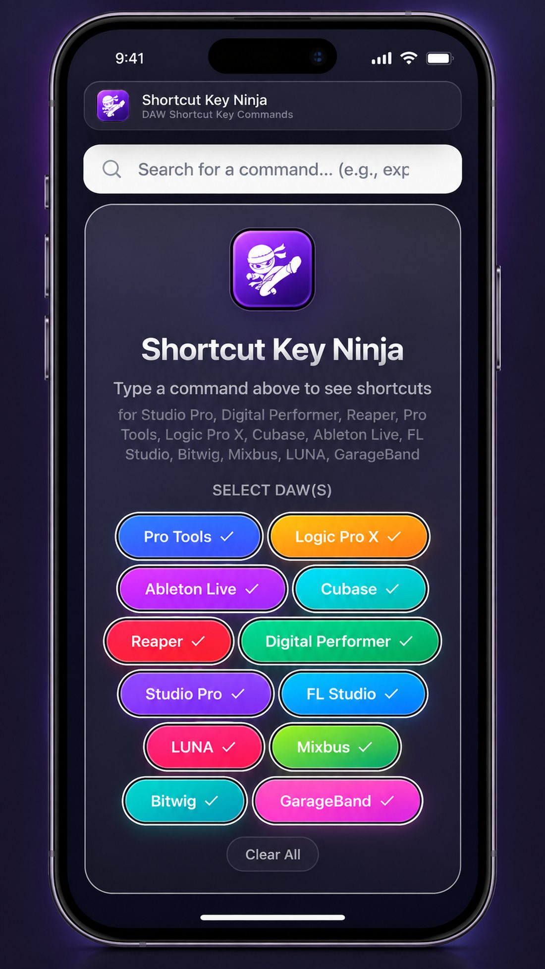 DAW selection screen, iPhone, straight-on