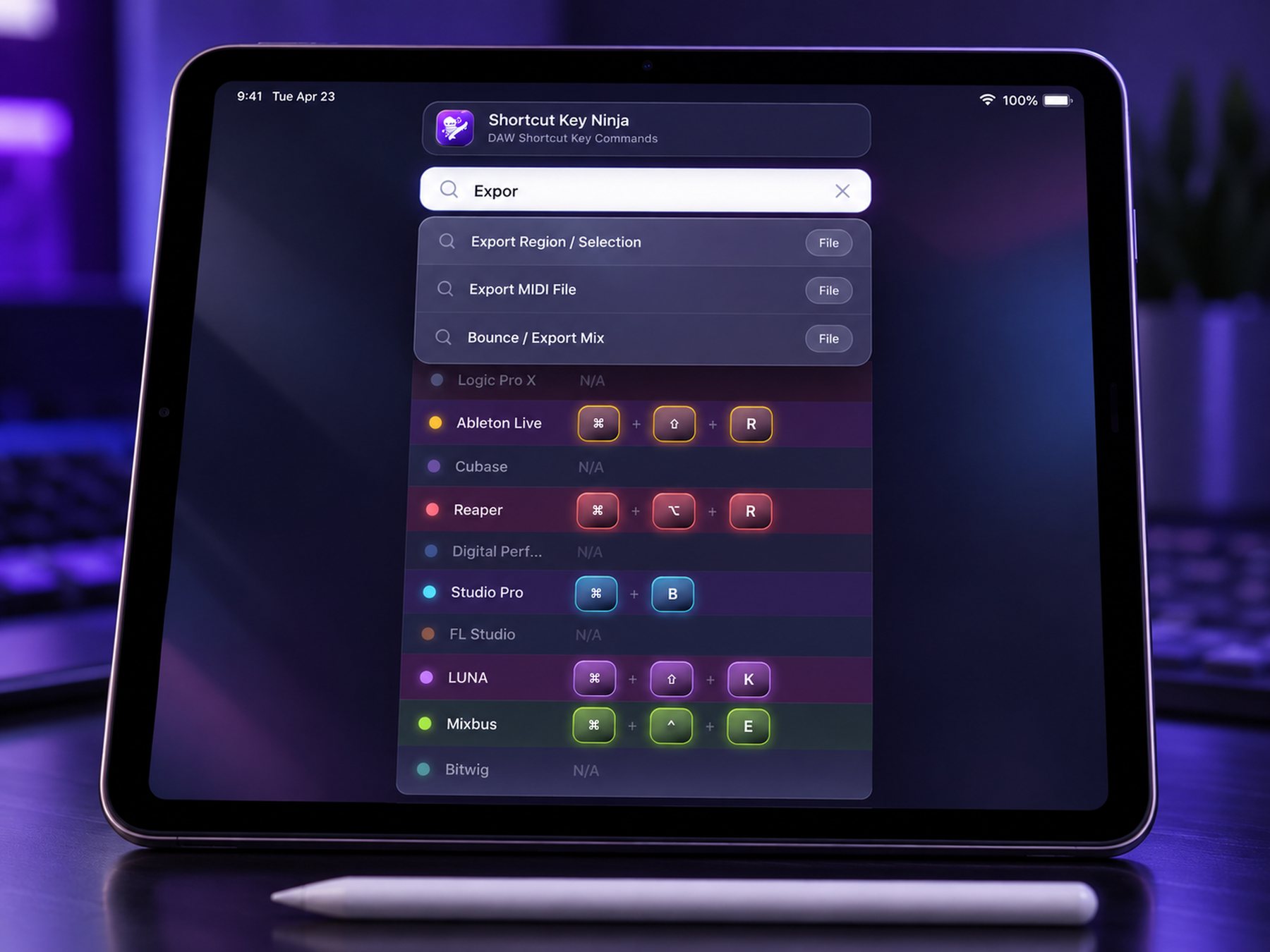 Shortcut Key Ninja search results for 'Export' on iPad, showing File-category shortcuts across DAWs